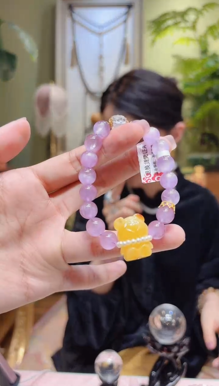 【闪购商品】锂辉石手串18K金镶嵌蜜蜡熊紫锂辉手串