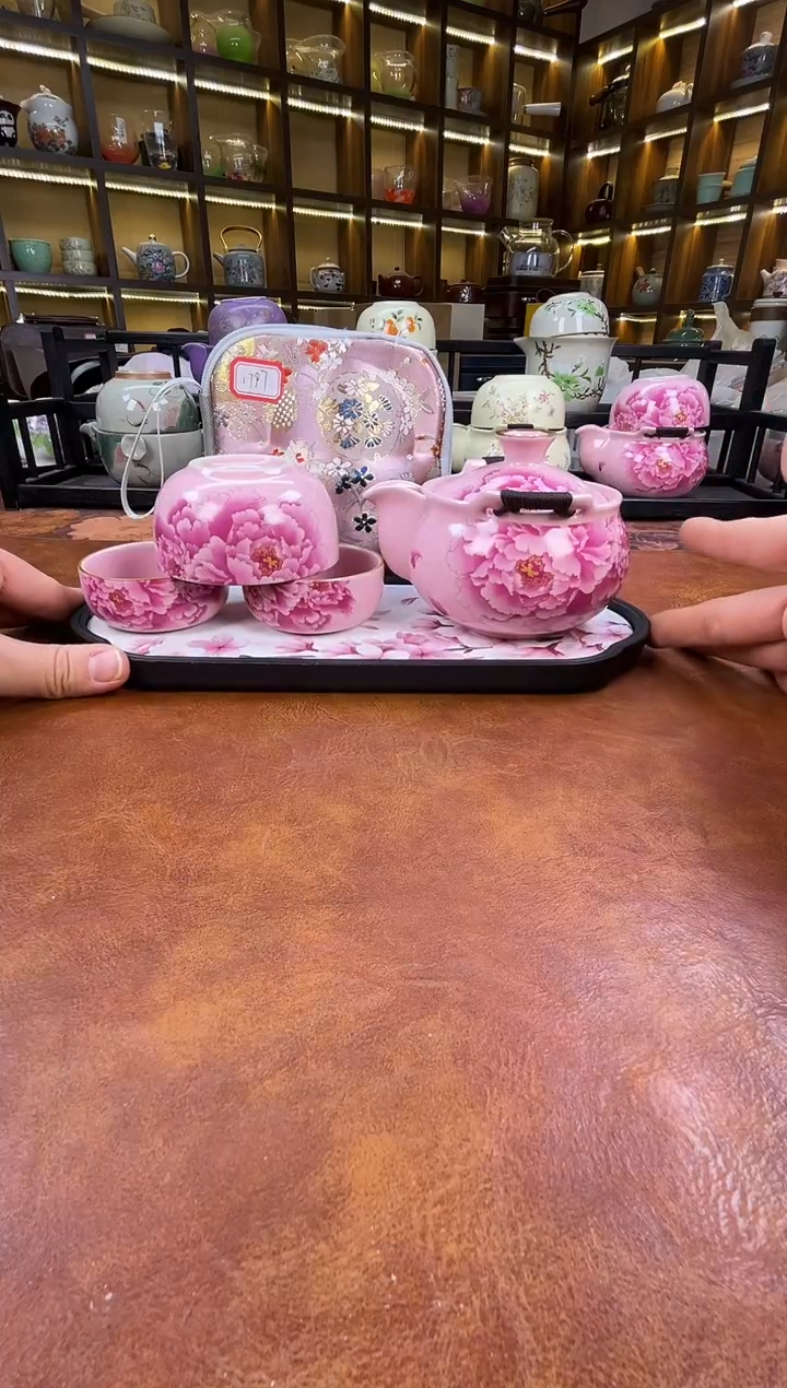 瓷片新款粉色牡丹宝瓶+长方粉色花朵盘