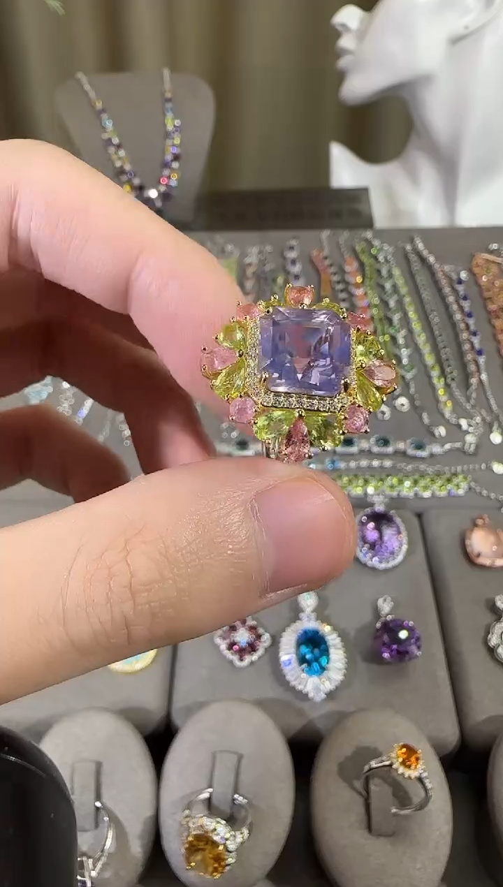 银S925镶嵌戒指水晶10mm戒指薰衣草设计款