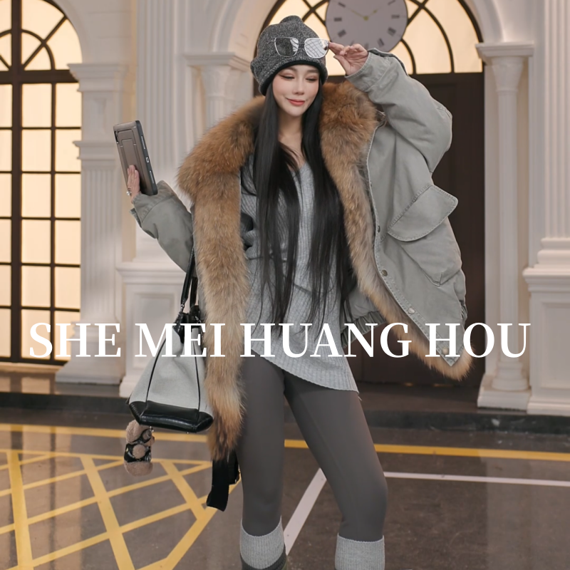 （布拉格冬日）90白鹅绒貉子毛整皮领派克鹅绒服保暖皮草外套250067