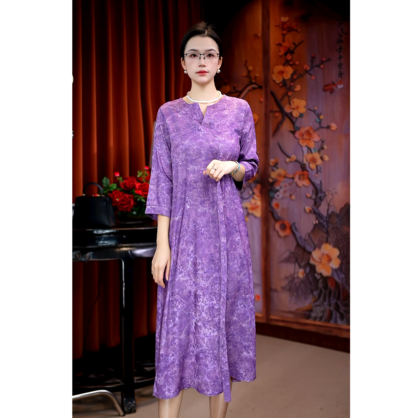 （胧月）常规款圆领A字裙长裙中老年女装复古中式中国风优雅连衣裙
