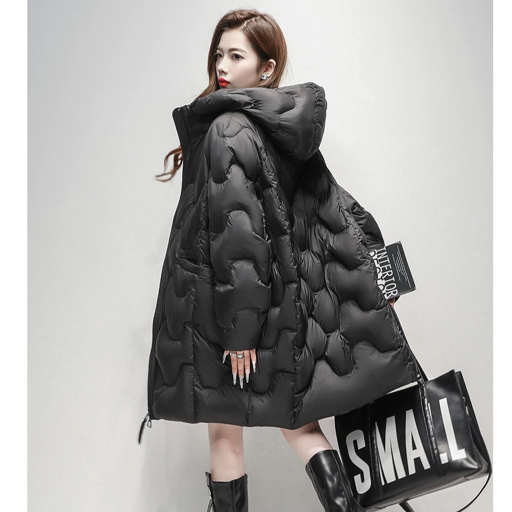 黑色连帽中长款羽绒服女2025冬装新款白鸭绒宽松加厚外套8972