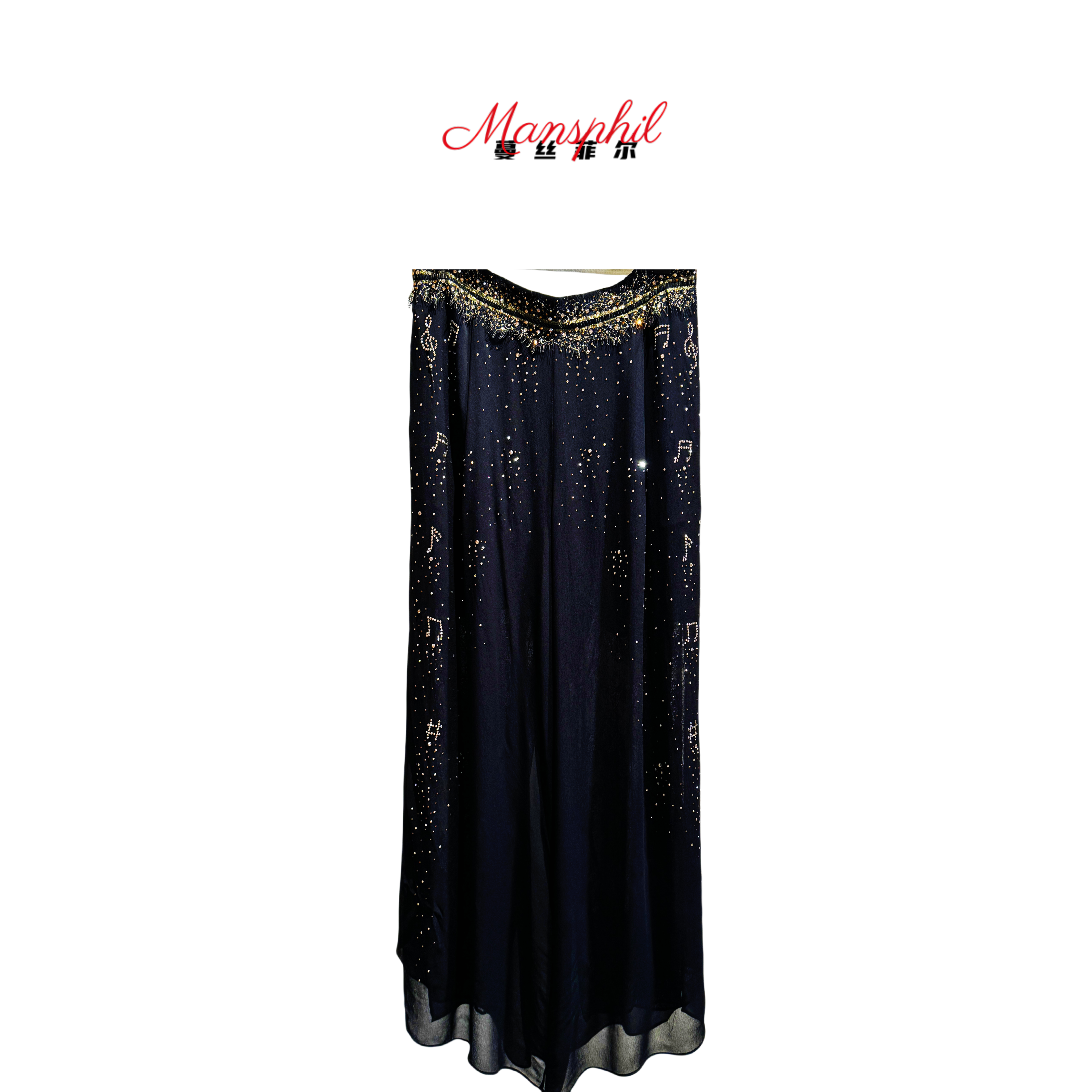 [琼华丝颂]阔腿裤休闲裤气质显瘦百搭黑色烫钻时尚原创设计师