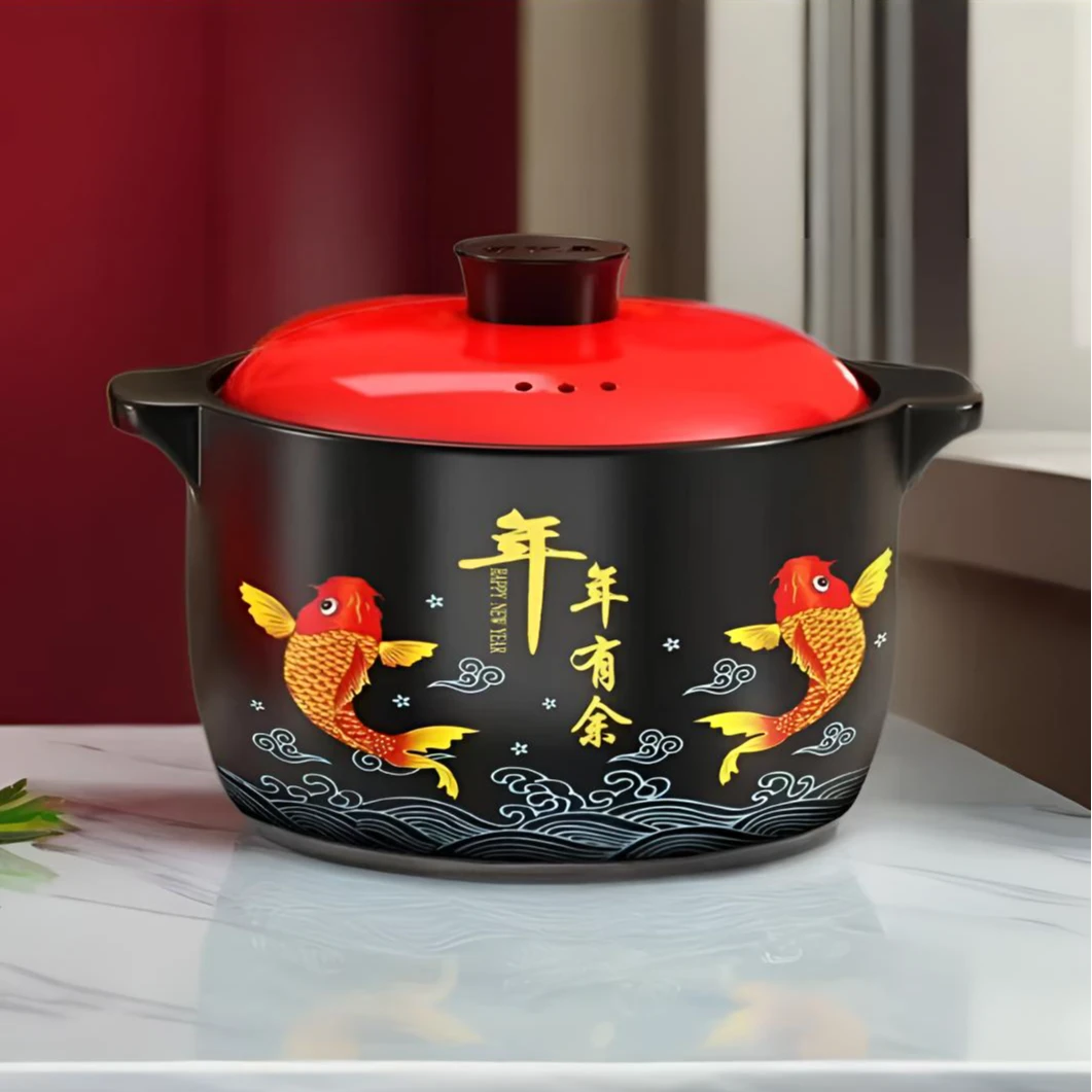 4.5升【年年有余红盖】年年有余红中式家用耐高温陶瓷炒菜砂锅煲汤