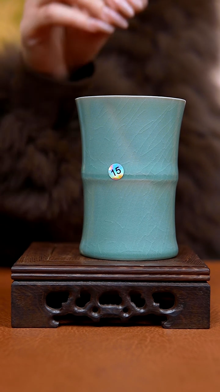杯仿古翡翠绿釉竹节可乐杯瑕15