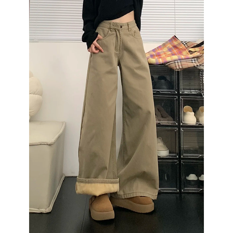 卡色流光风大阔腿牛仔裤女2025秋冬新款加绒保暖宽松显瘦拖地裤子