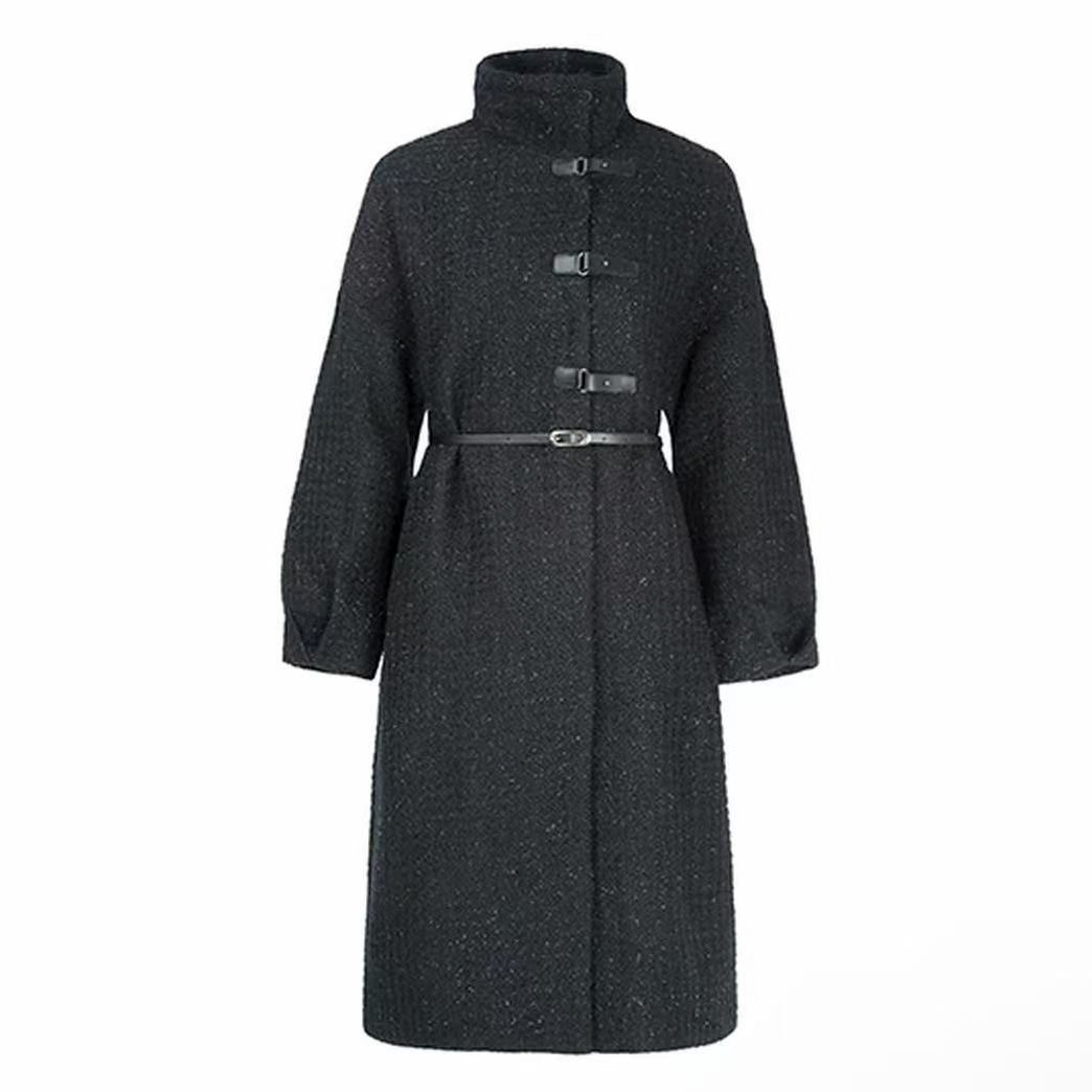 S·DEER圣迪奥女士黑色秋冬百搭设计师时尚气质毛呢大衣S224Z25B2