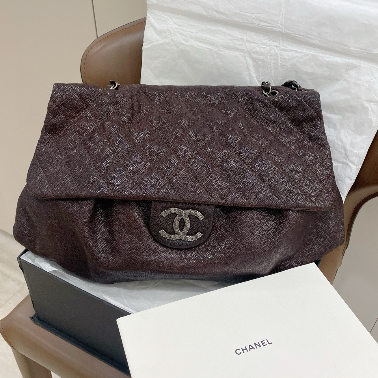 95新 Chanel/香奈儿 棕色云朵中古机场包 可单肩可斜挎/7SH34398