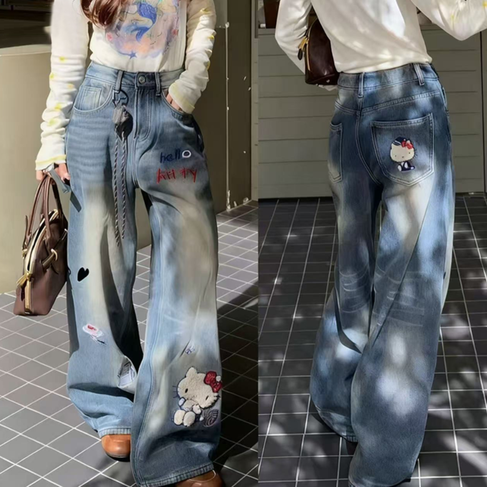 冬季韩系百搭时尚宽松加绒重工刺绣猫咪牛仔阔腿裤B3095 T