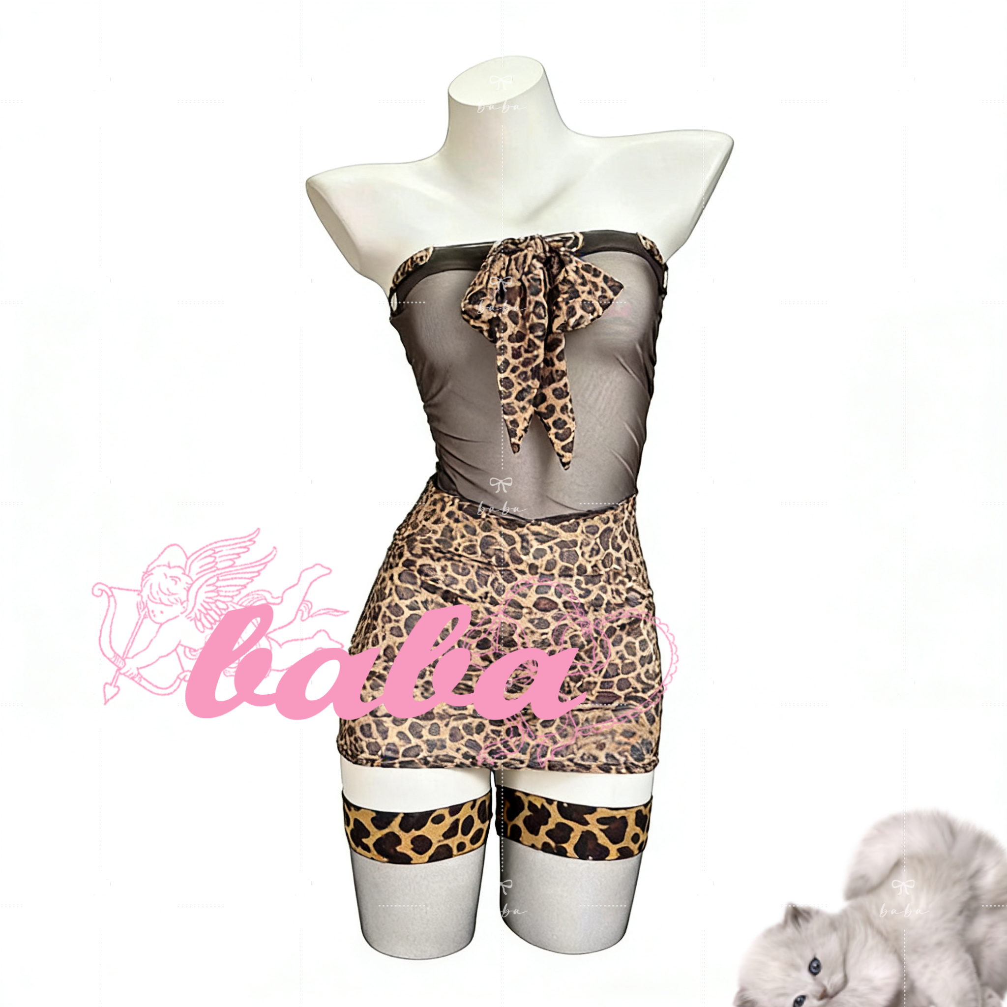 baba豹纹拼接网纱修身连衣裙二次元时尚设计款内搭