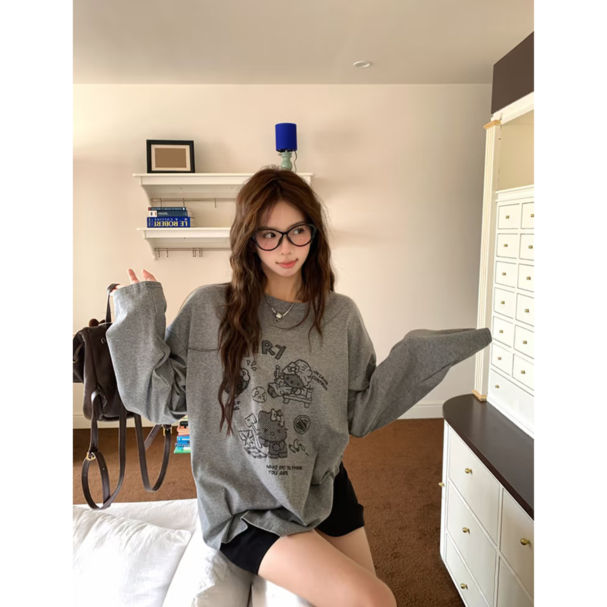 K*tty Family慵懒风宽松大版kt印花长袖T恤女显瘦圆领上衣Z 9284#