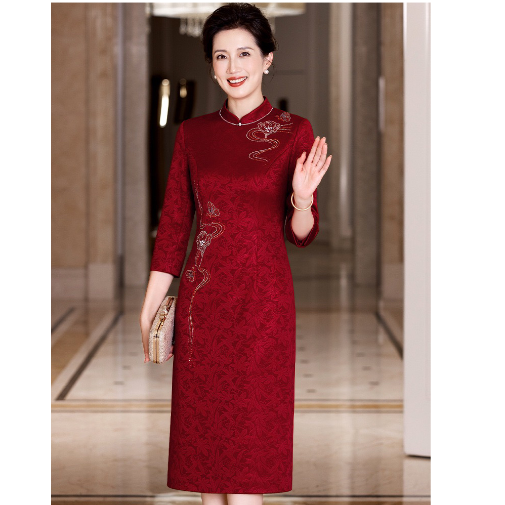 2025秋冬喜婆婆旗袍裙不开叉大码喜妈妈婚宴礼服裙修身显瘦Z