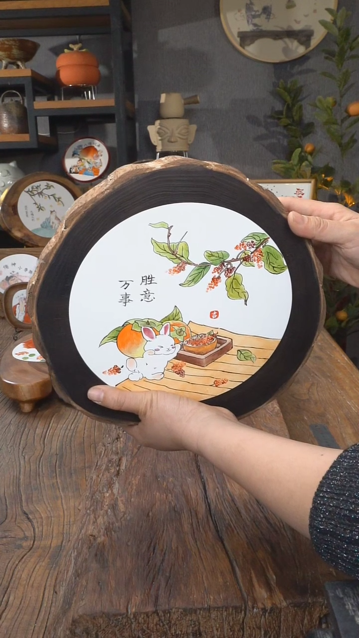 【闪购商品】摆件碳化银杏木釉上彩茶盘