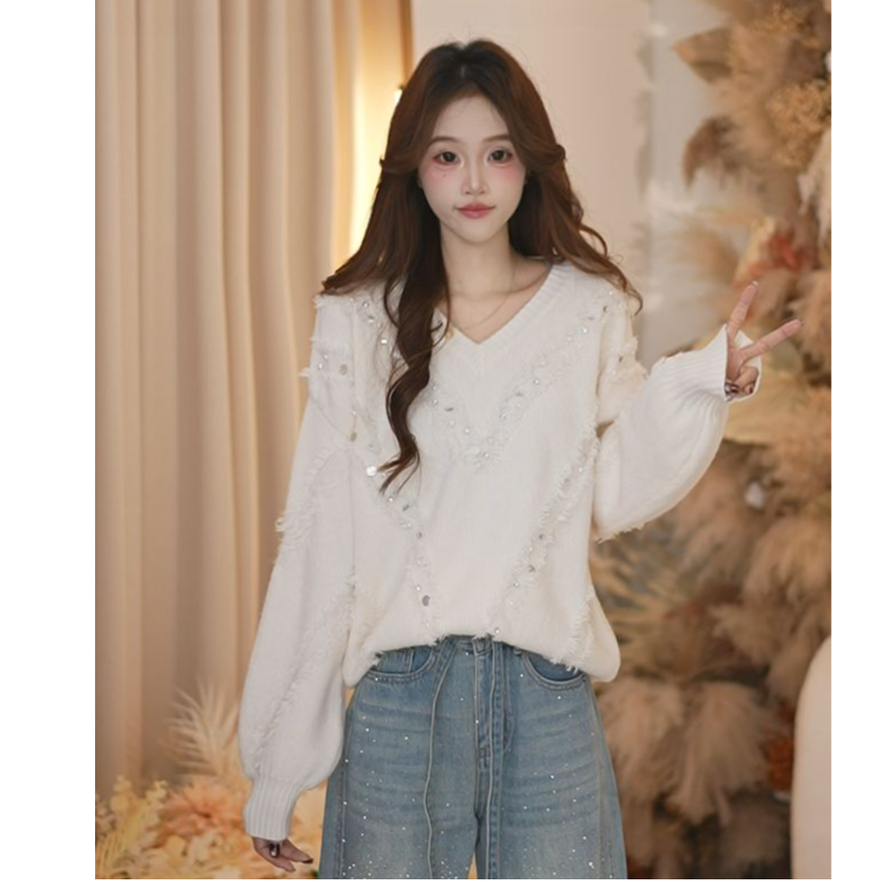 BasicHouse百家好秋冬百搭时尚V领亮片法式毛衣B1385B5E3Z2