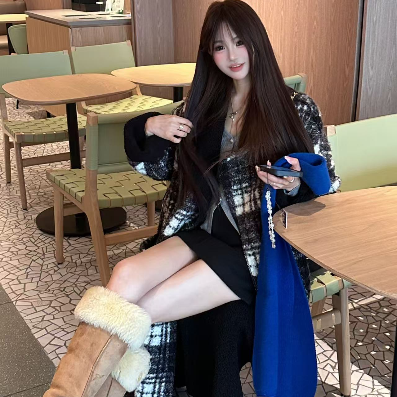 【YKL】几经风月 黑白格两面穿大衣黑色毛呢腰带A版半裙