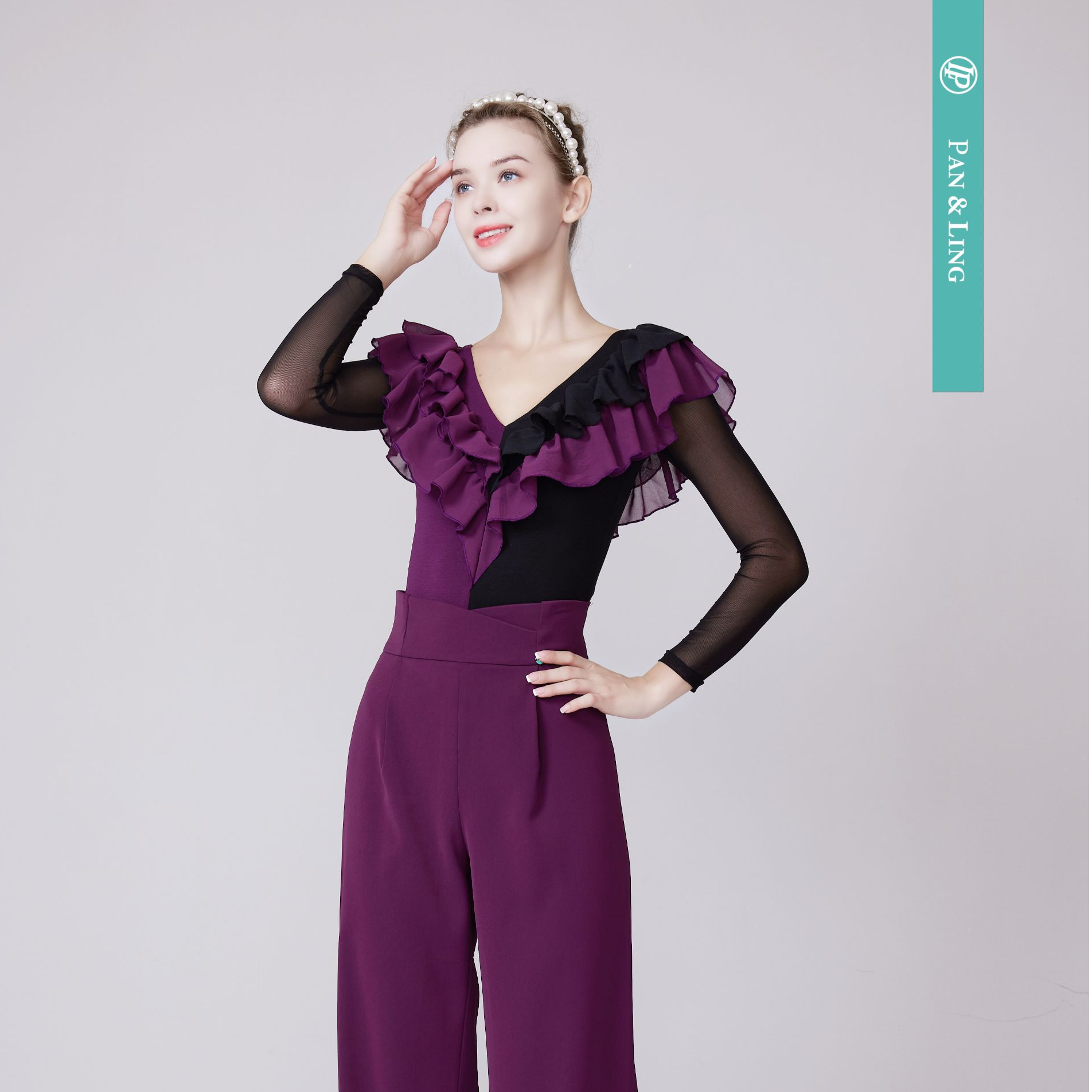 【LP舞服】原创设计-冬季新品双色V领拼接长袖上衣摩登舞