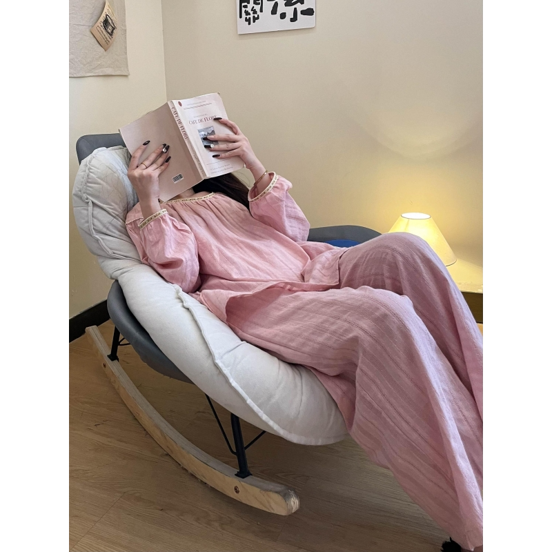 新中式国风纯色双层棉纱睡衣女春秋款2025新款纯棉亲肤家居服套装