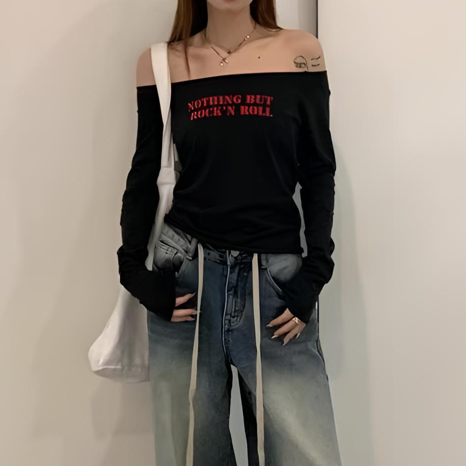 一字肩设计感字母印花长袖T恤女春秋季美式辣妹修身露肩百搭上衣
