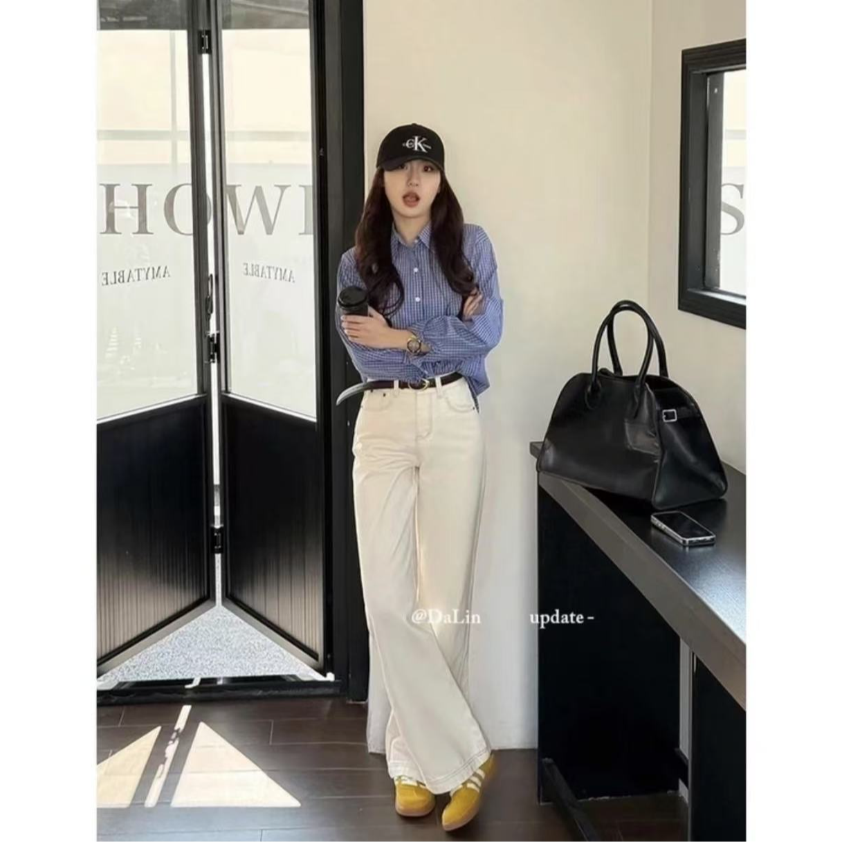 【送腰带】米杏色牛仔裤高腰春休闲宽松复古显瘦显腿长窄版阔腿裤