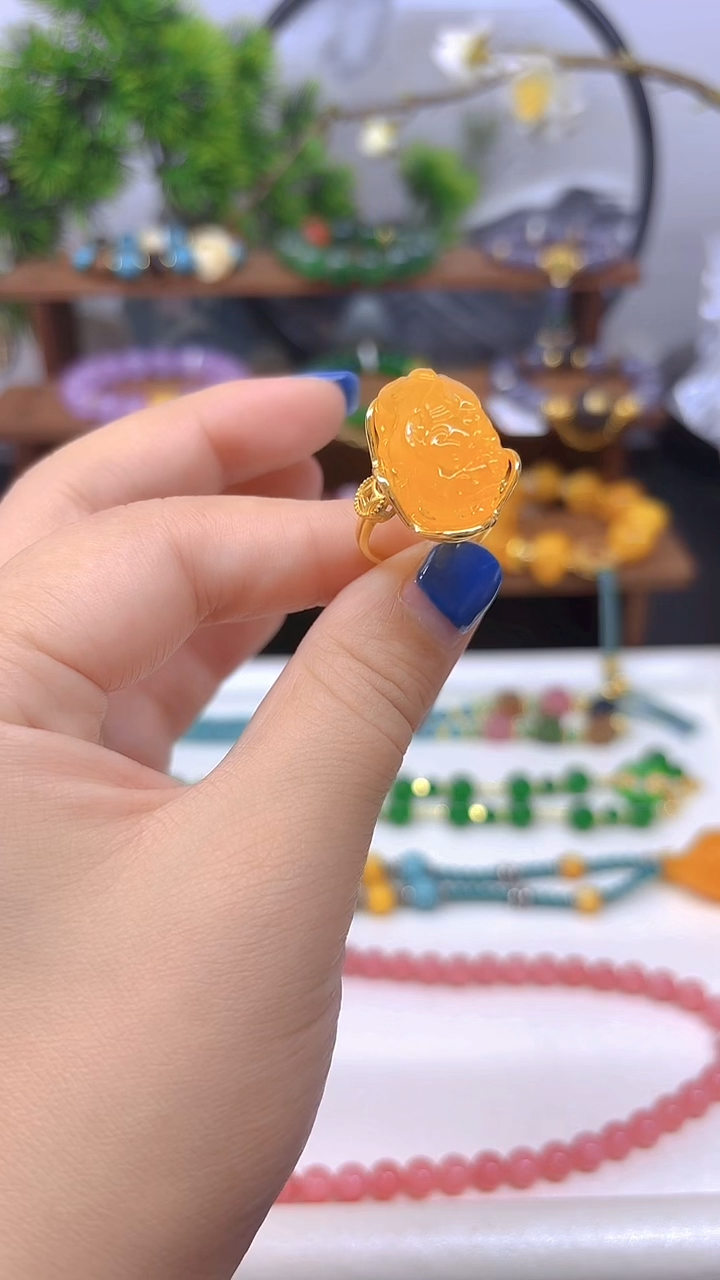 银S925镀金镶嵌蜜蜡戒指J133