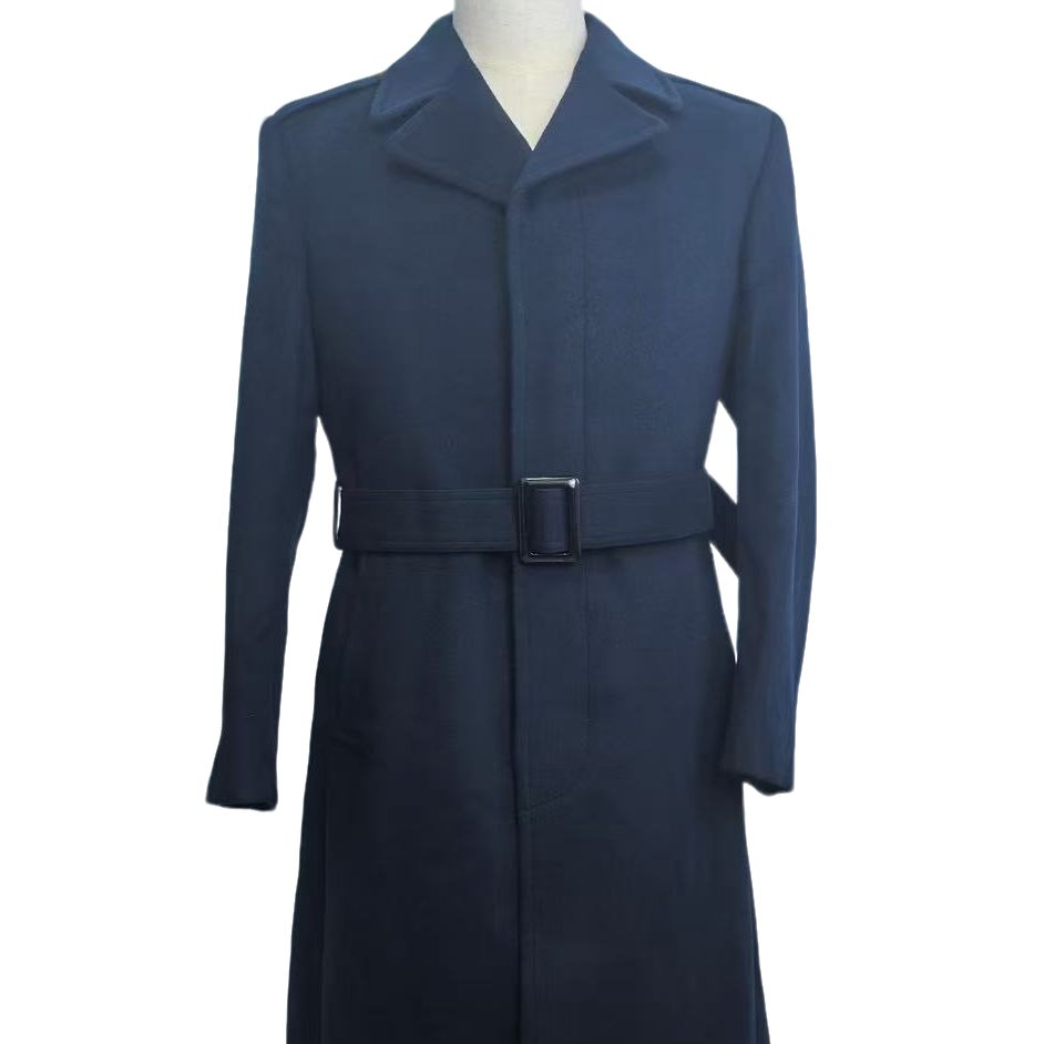 （空正品）翻领黑色长款大衣经典气质毛呢大衣臧蓝色翻领中长款纯色