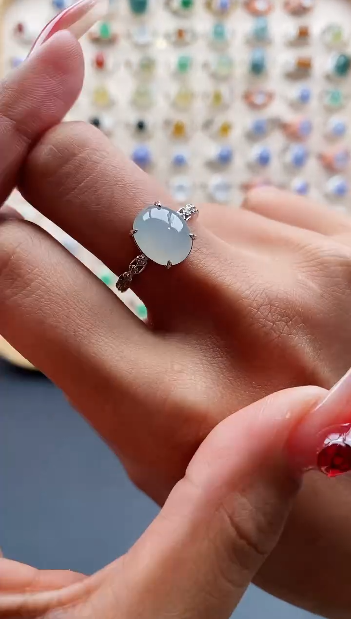 【闪购商品】翡翠戒指银S925镶嵌缅甸天然A货翡翠444   3+8