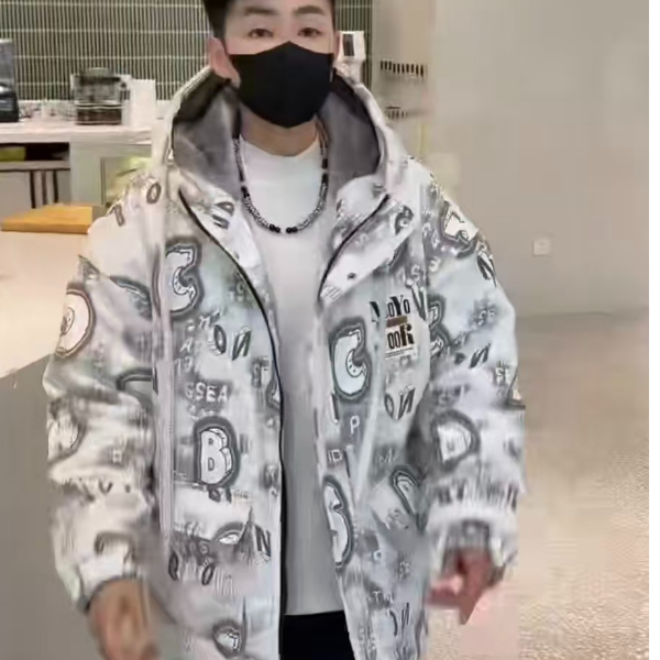 8918字母派克服工装加绒加厚印花潮流连帽帅气韩版中长款秋冬