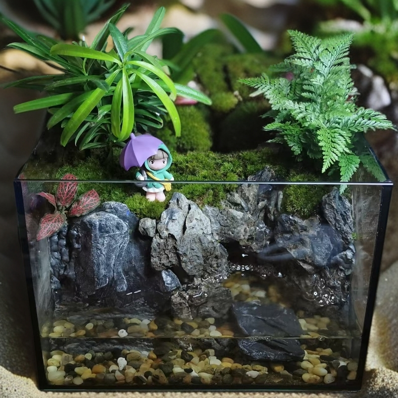 成品水陆缸桌面鱼缸造景含真草苔藓可室内养鱼微景观