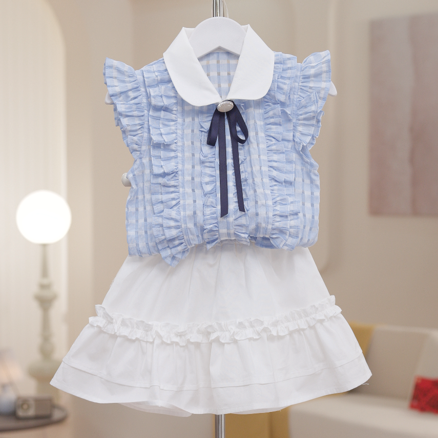 【海盐布丁】女童短裙法式夏薄款学院风上衣衬衫套装女孩甜美S17348