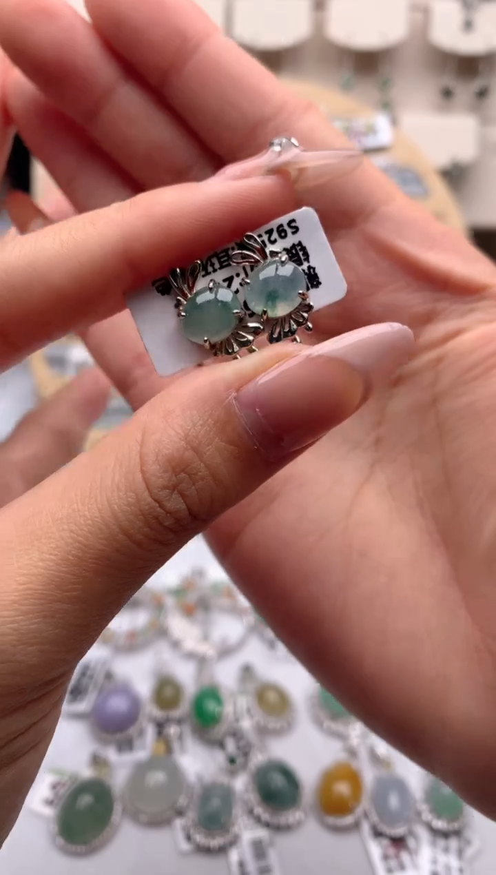 【闪购商品】翡翠耳饰银S925镶嵌3号