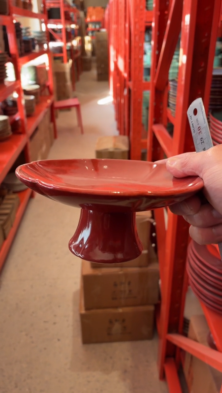 瓷片6寸炭火红高足果盘（福利款）