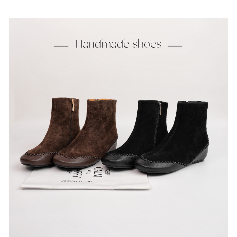 【Dhh】内增高3.5cm•牛皮+羊反皮•圆头秋冬新款短靴加绒显瘦时装靴