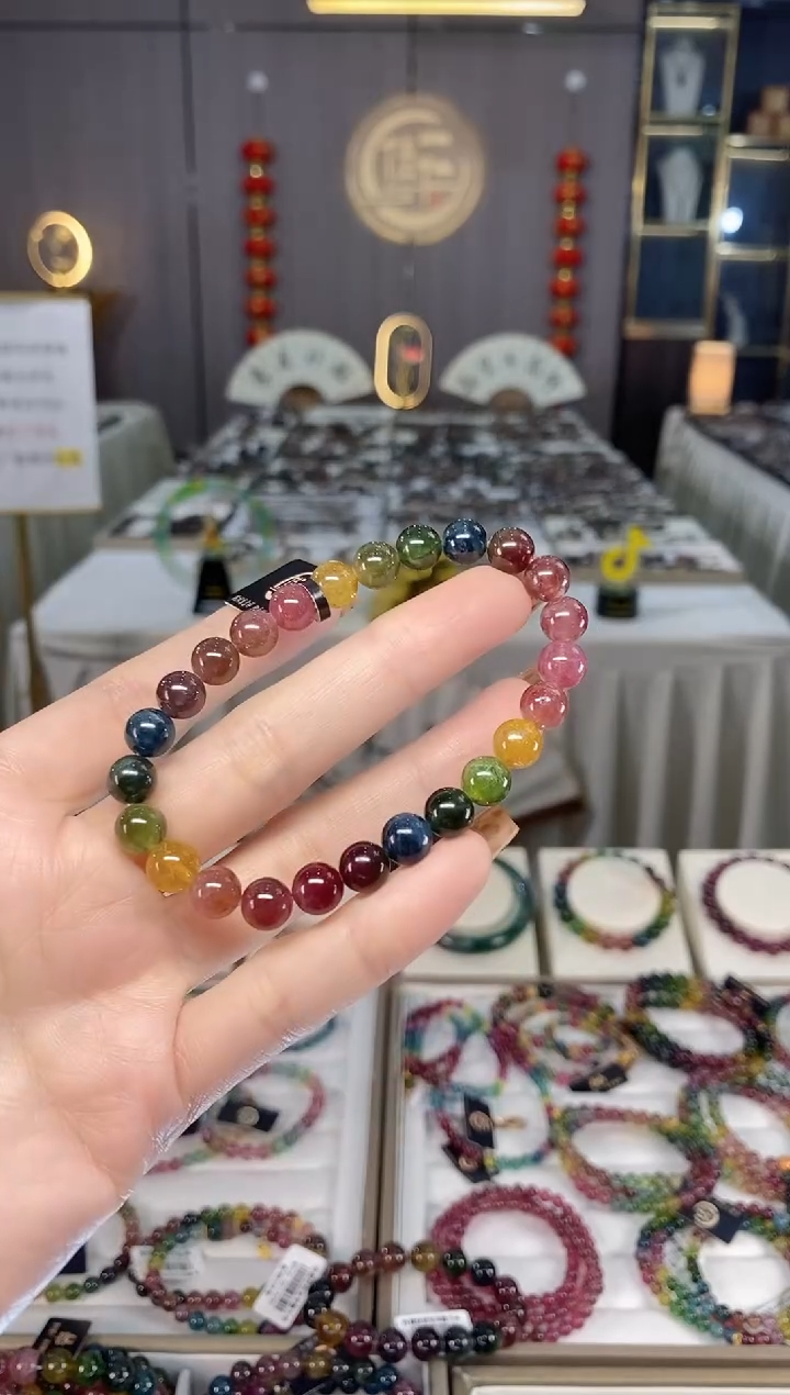 未镶嵌老矿碧玺色标彩虹单圈手串7mm+碧玺dan多样性发货一条