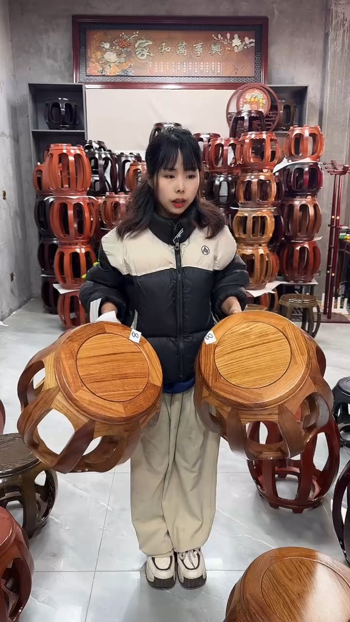 【闪购商品】花梨木类家具原木色大号鼓凳一对8号