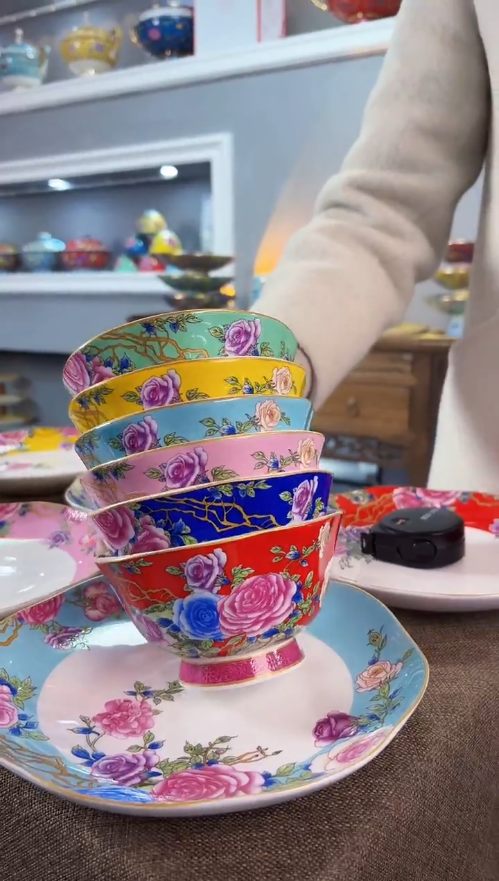 珐琅 4.7英寸花口碗6个景德镇陶瓷混色   