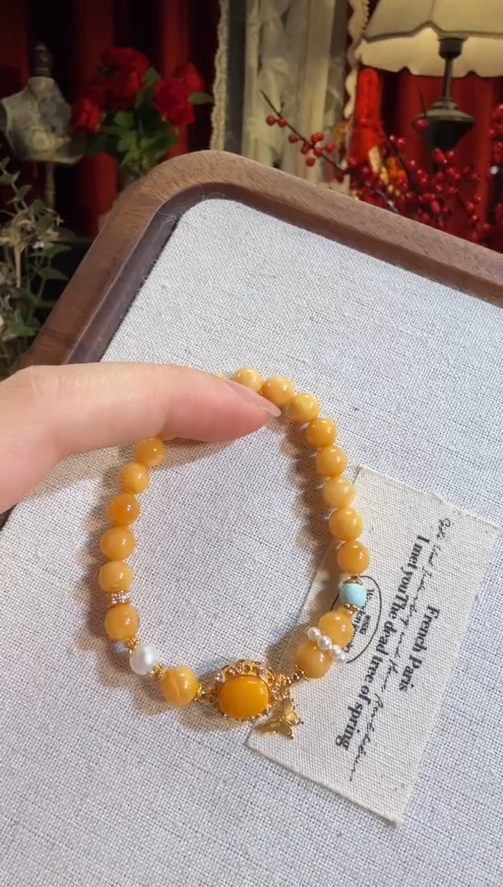 【闪购商品】蜜蜡手链银S925镶嵌鸡油黄