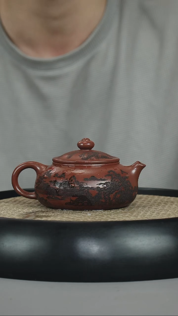 茶壶紫砂龙血砂 寒江  刻绘山水