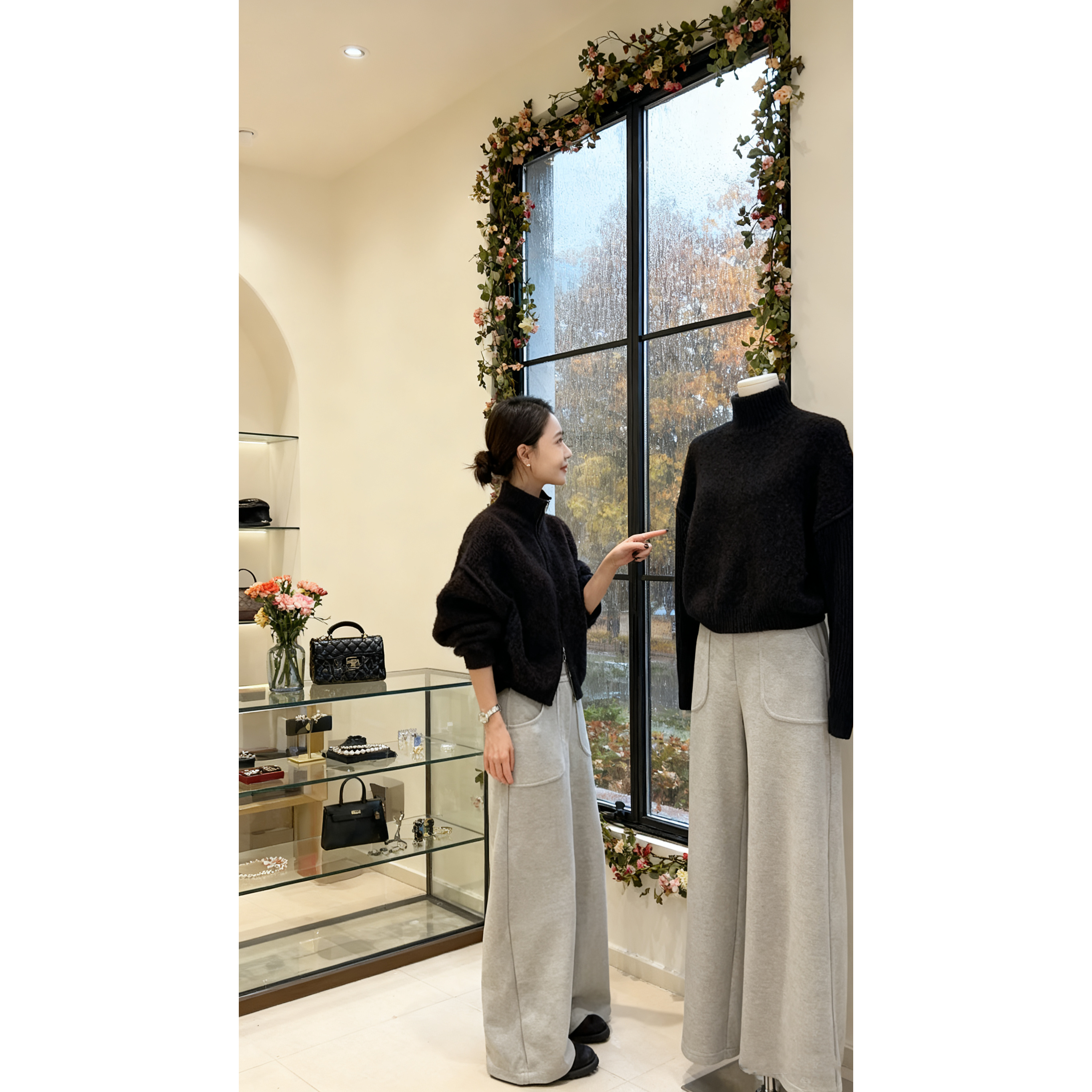 高端圈圈颗粒感外套暗坑高领双拉链设计感毛衫+休闲灯芯绒阔腿裤