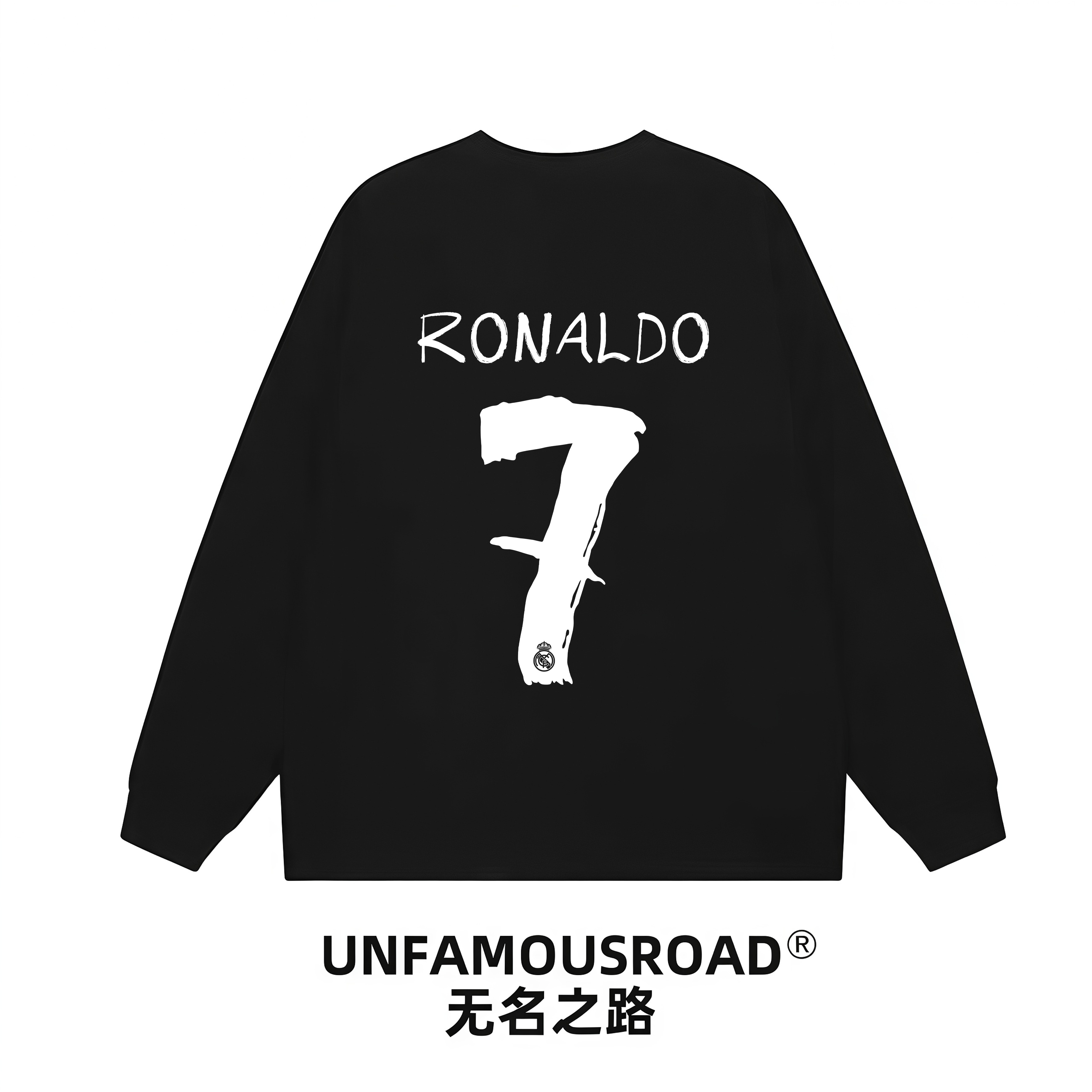 unfamousroadC罗皇马 白色长袖重磅100%纯棉 美式运动落肩穿搭