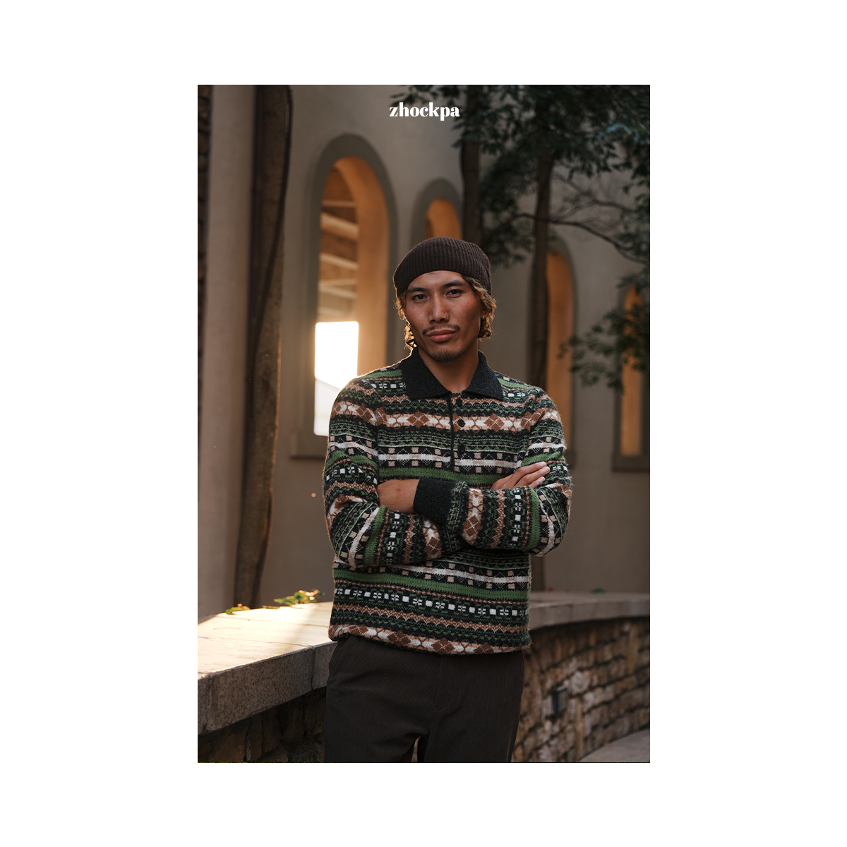 ZhockPa秋冬 复古时尚重磅轻奢费尔岛全羊毛提花polo衫针织毛衣