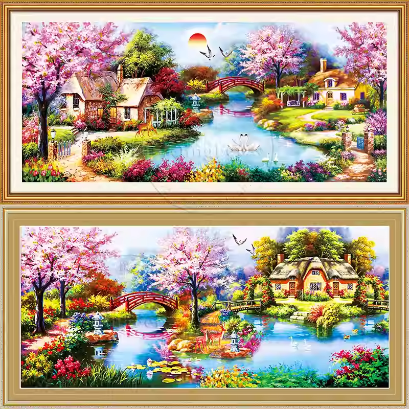 青飞天鹅湖庄园十字绣满绣秘密花园花园小屋田园欧式钻石画E111