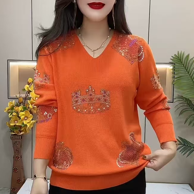春秋款高档针织衫大码休闲妈妈装2025新款时尚镶钻百搭减龄打底衫