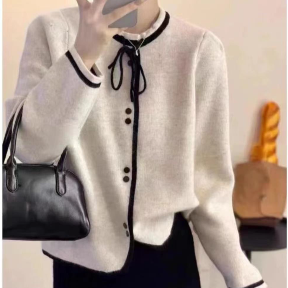 318#新款系带小香风开衫针织衫毛衣女外套百搭内搭圆领