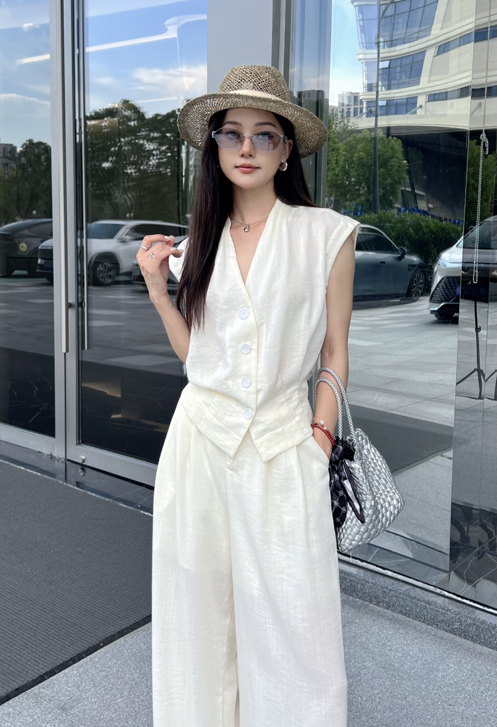 【IS 然然】2025夏季轻奢无袖上衣高腰阔腿裤两件套M2608