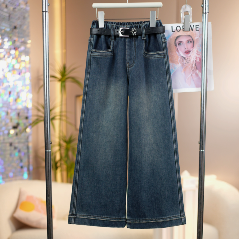 女童加绒工艺刺绣牛仔裤2025冬季新款中大童时尚百搭儿童直筒裤子