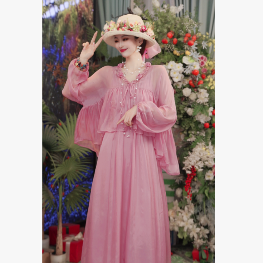 【出水芙蓉】法国防晒设计师款桑蚕丝碎花气质时尚连衣裙251D600