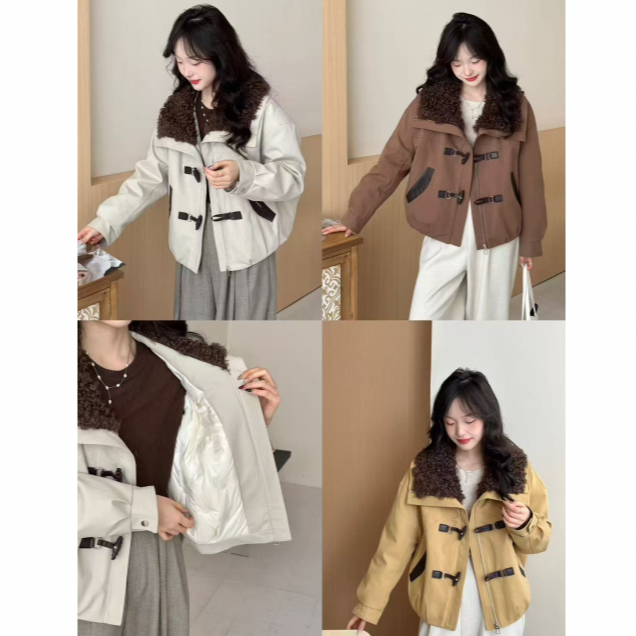 2811#设计款羊羔毛翻领拼接牛角扣派克羽绒服