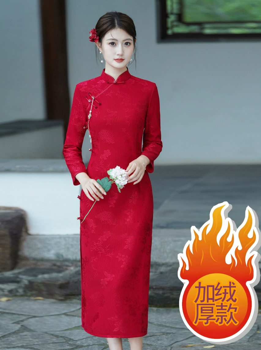 【金玉】冬季加绒加厚喜婆婆婚宴礼服妈妈装红色长袖旗袍中式立领