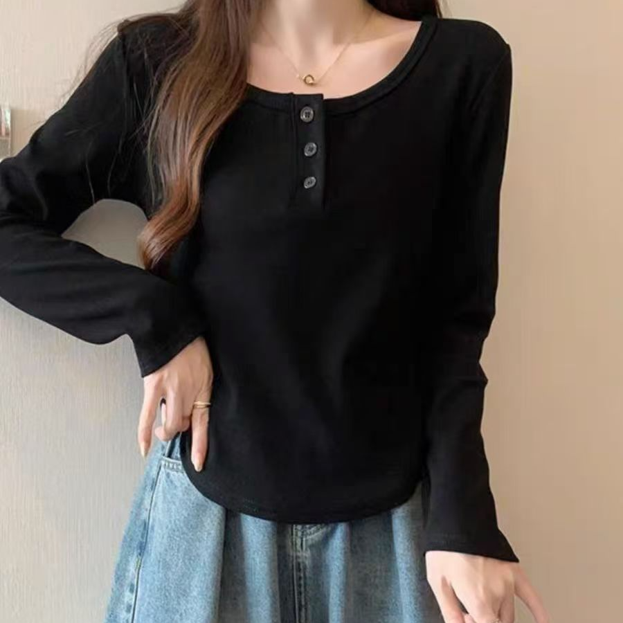 纽扣法式上衣女秋2025新款韩版潮流长袖打底修身百搭小衫-2517