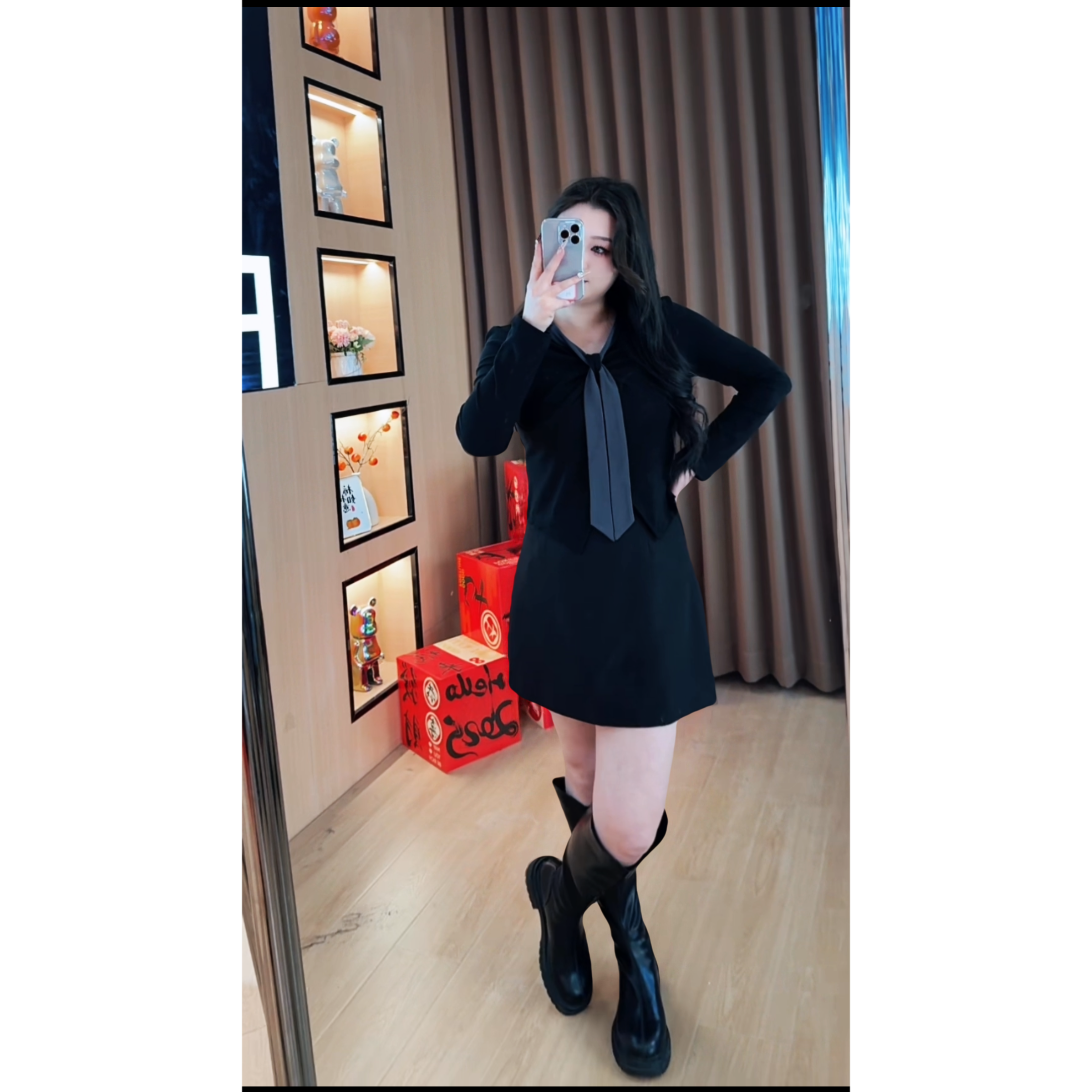 胖mm微胖定制~【LMQ277】显瘦遮肉出街黑灰两件套上衣+裙子